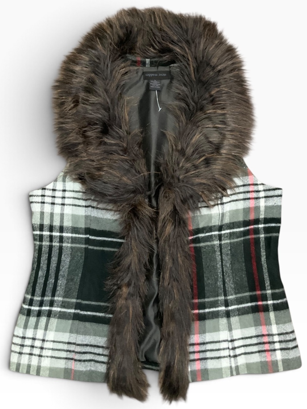 Steve Madden Women’s Plaid Faux-Fur Trim Vest NEW